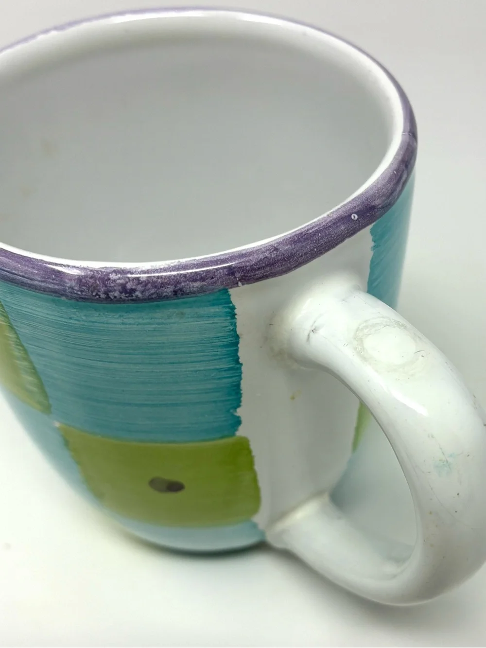 Pottery Barn China “Sunny side” Mug 4 1/8 Green-Blue Checkered Italy Earthenware